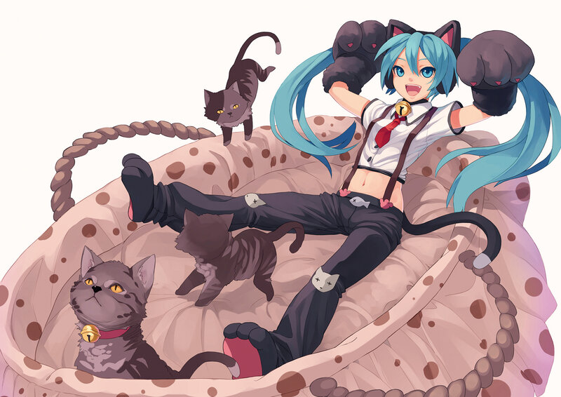 Blue-haired Girl with Cats — Blue, Playful