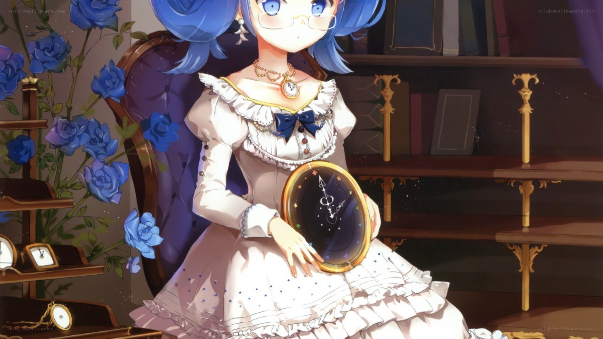 blue-haired girl with clock mirror