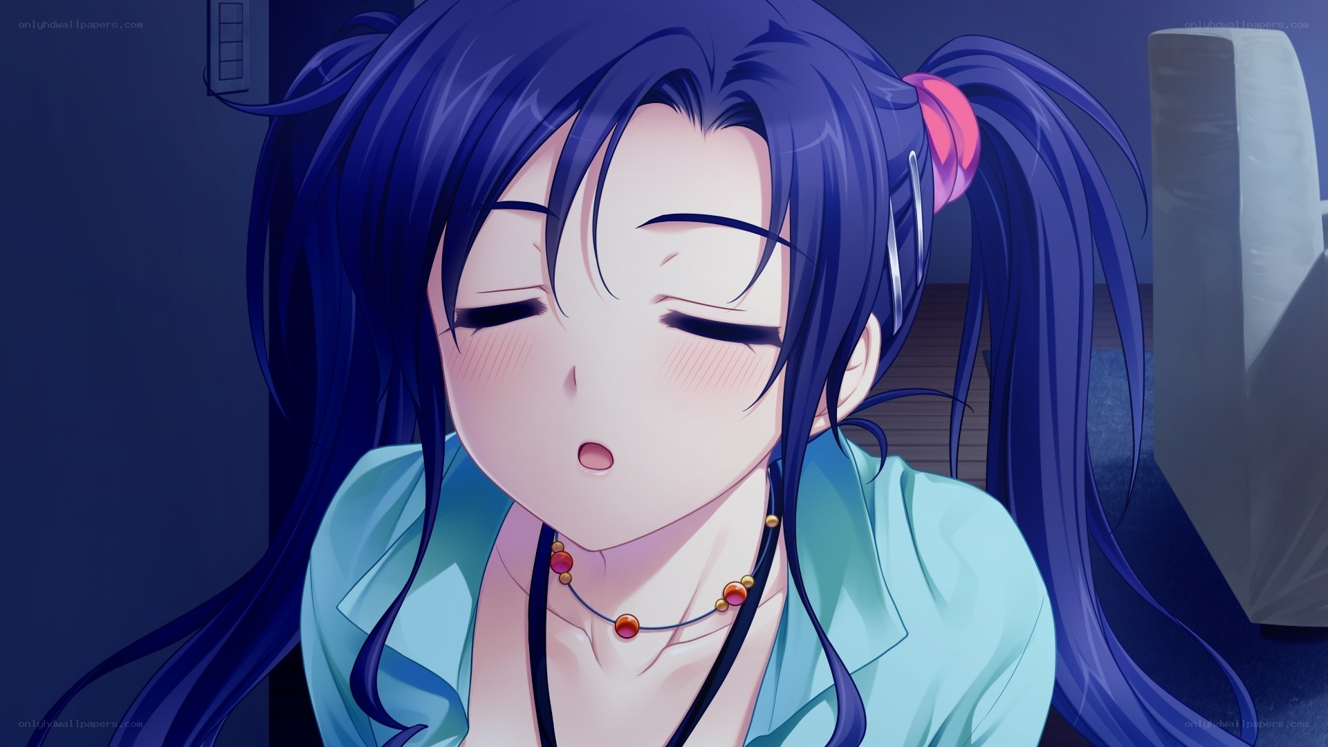 blue-haired girl with closed eyes