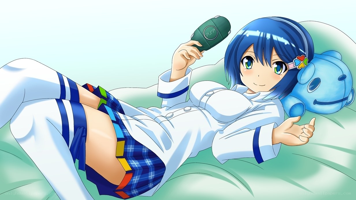 Blue-haired girl with console