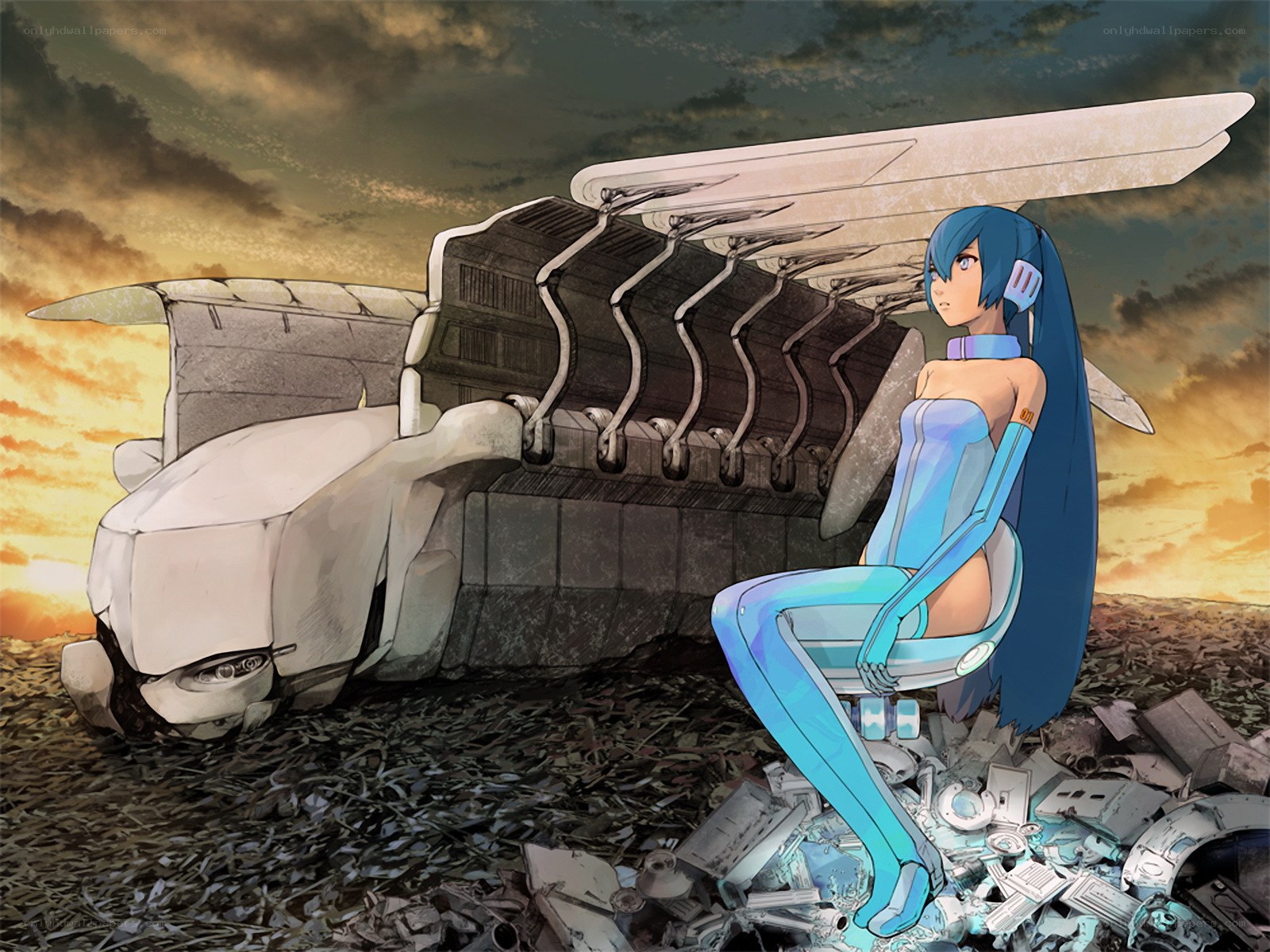 Blue-haired girl with crashed mech
