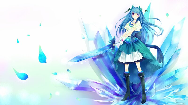 blue-haired girl with crystal sword