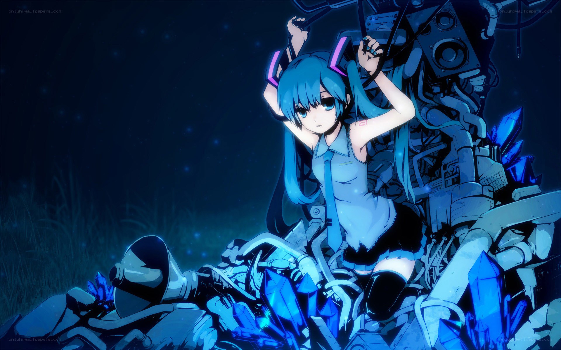 blue-haired girl with crystals
