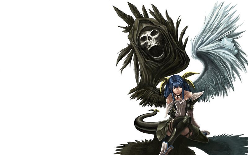 Blue-haired girl with dark entities