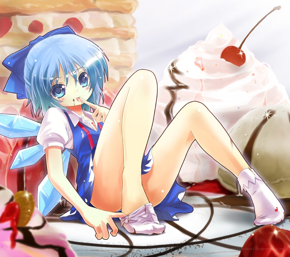 blue-haired girl with dessert