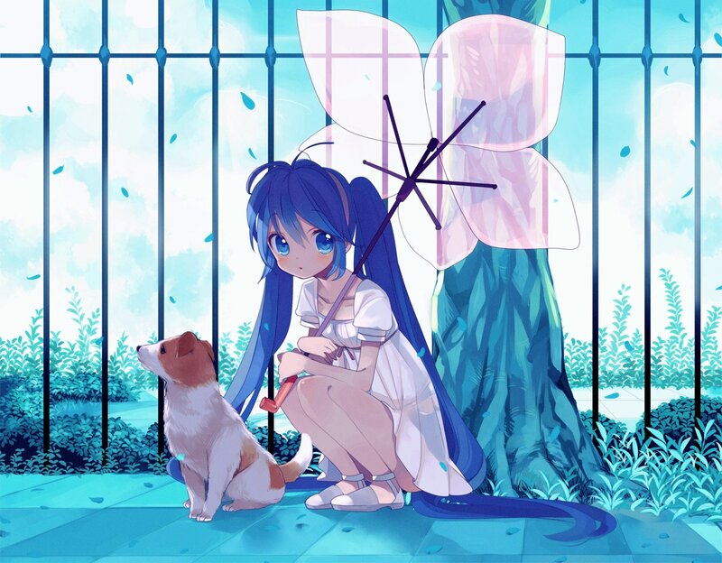 Blue-haired girl with dog