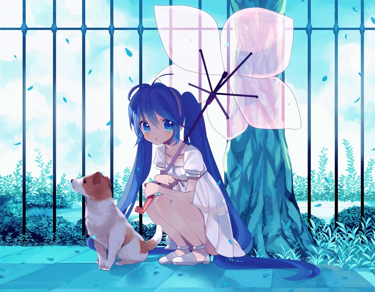 Blue-haired girl with dog