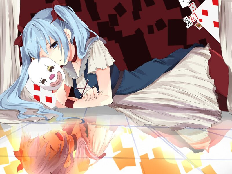 Blue-haired girl with doll