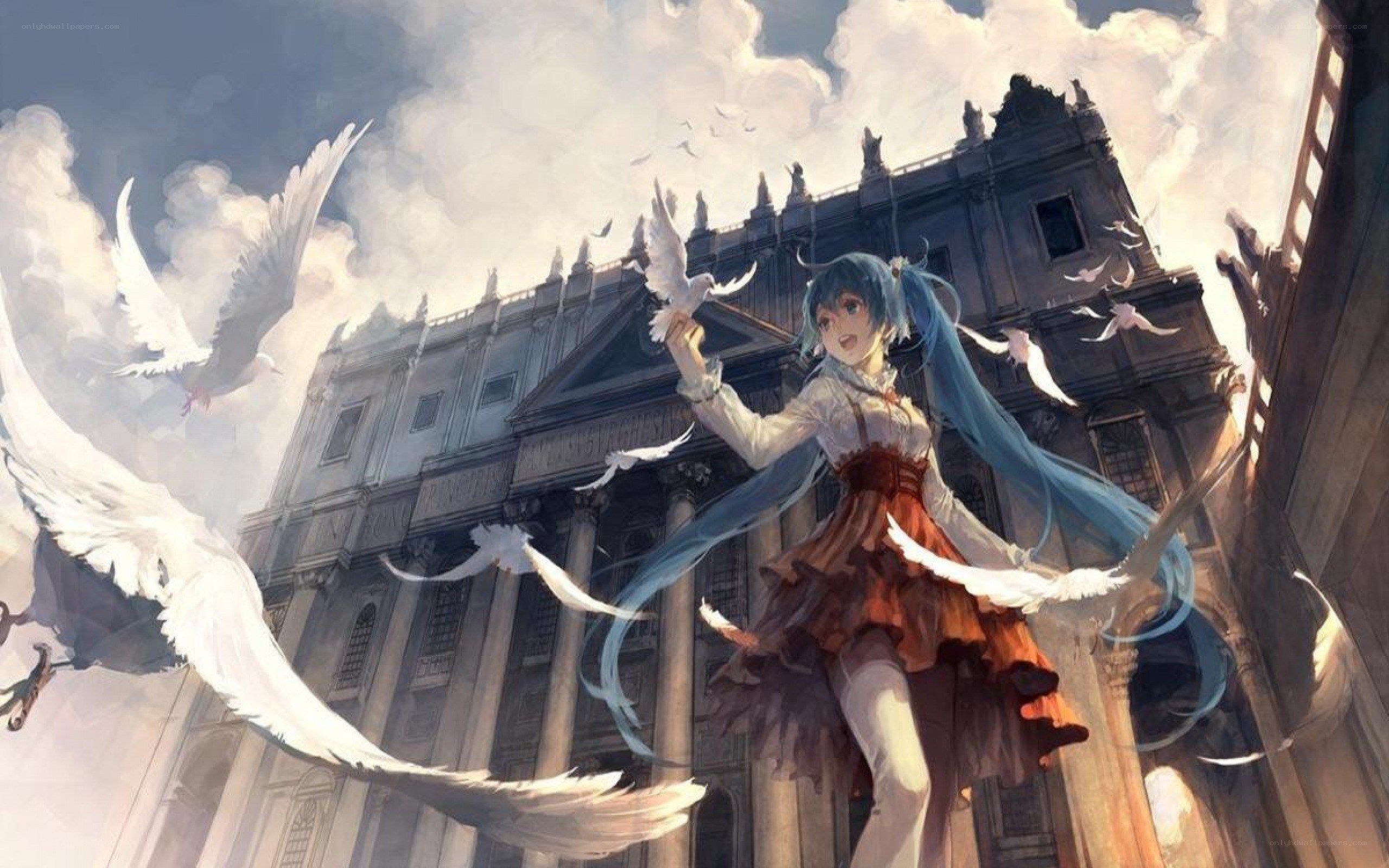 blue-haired girl with doves