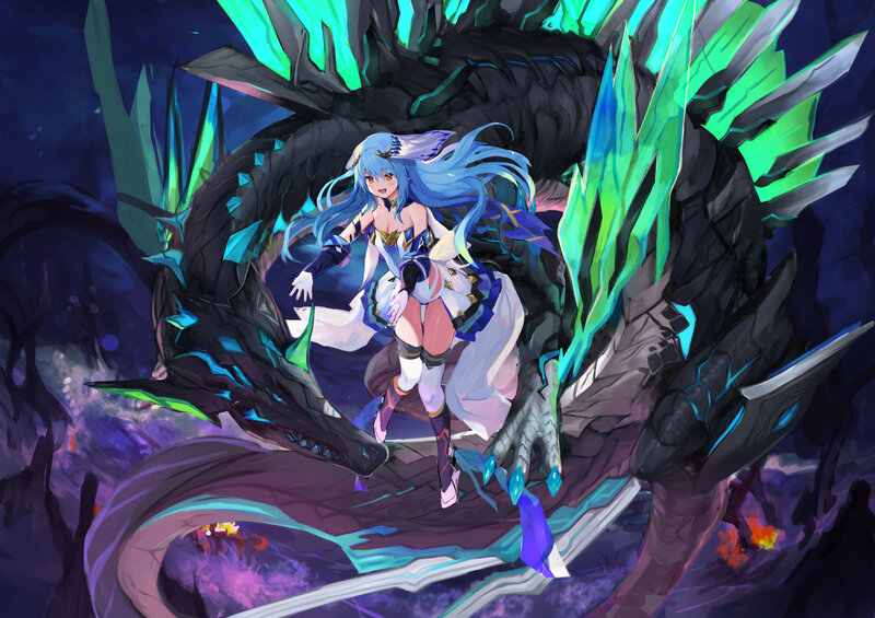 Blue-haired Girl with Dragon — Blue, Dramatic, Night
