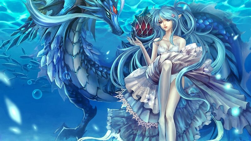 Blue-haired Girl with Dragon — Blue, Serene, Digital Art, Underwater, Fish