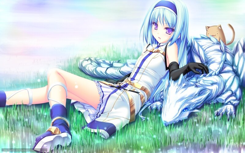 Blue-haired Girl with Dragon — Blue, Serene, Morning, Anime