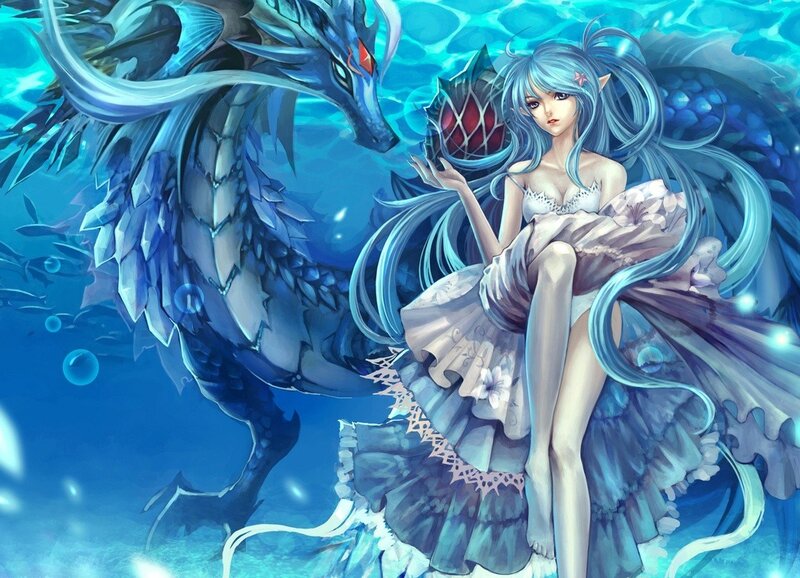 Blue-haired Girl with Dragon — Blue, Serene