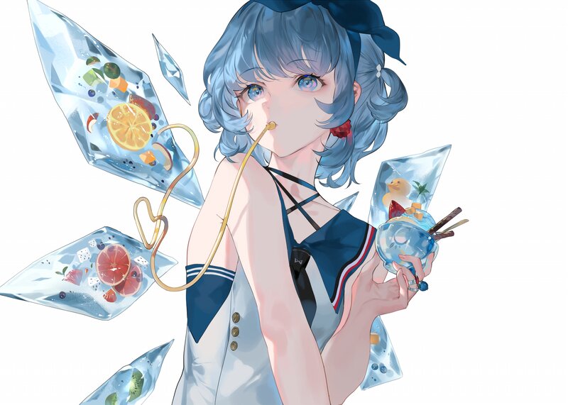Blue-haired Girl with Drinks