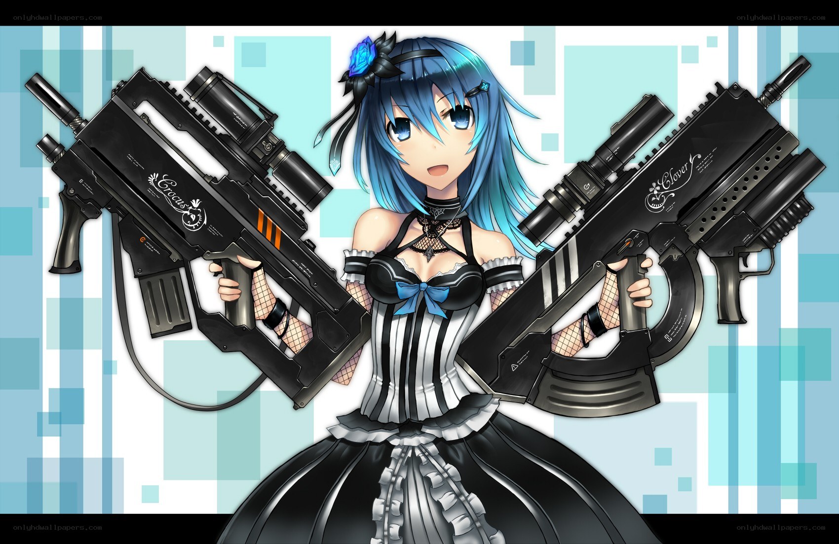 Blue-haired girl with dual guns