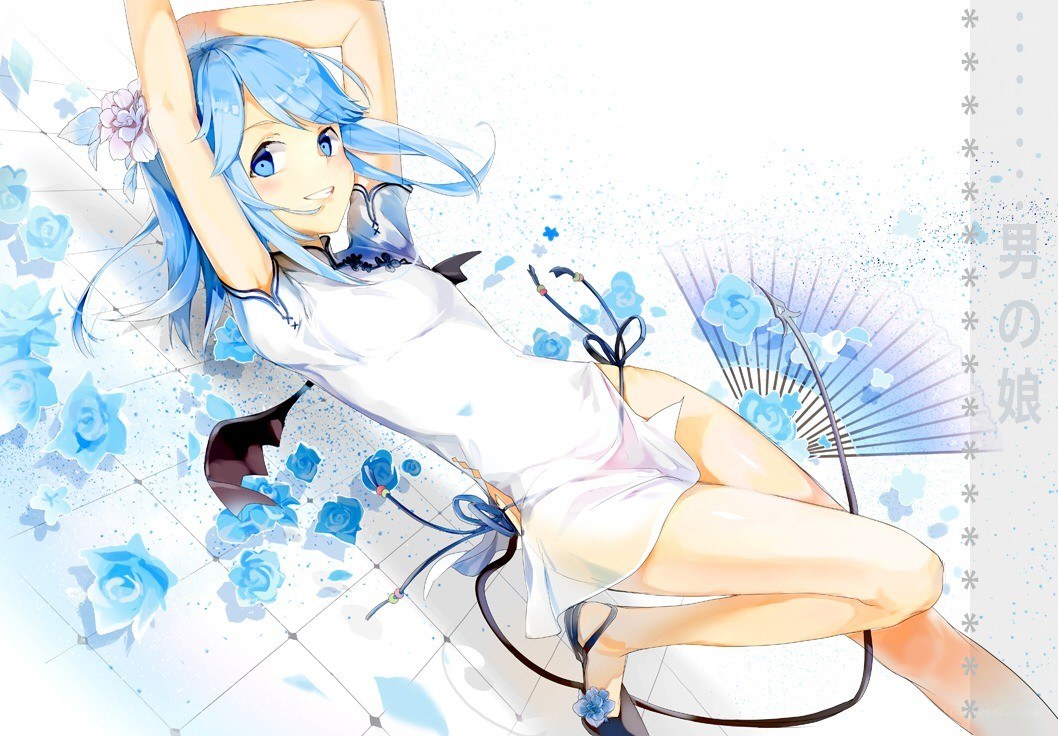 Blue-haired girl with fan