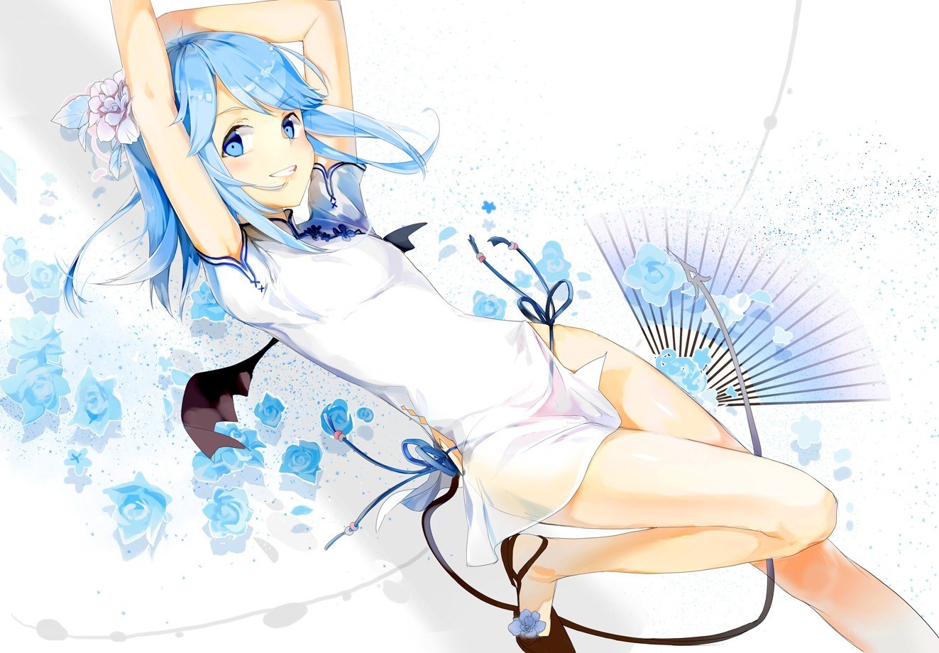 blue-haired girl with fan