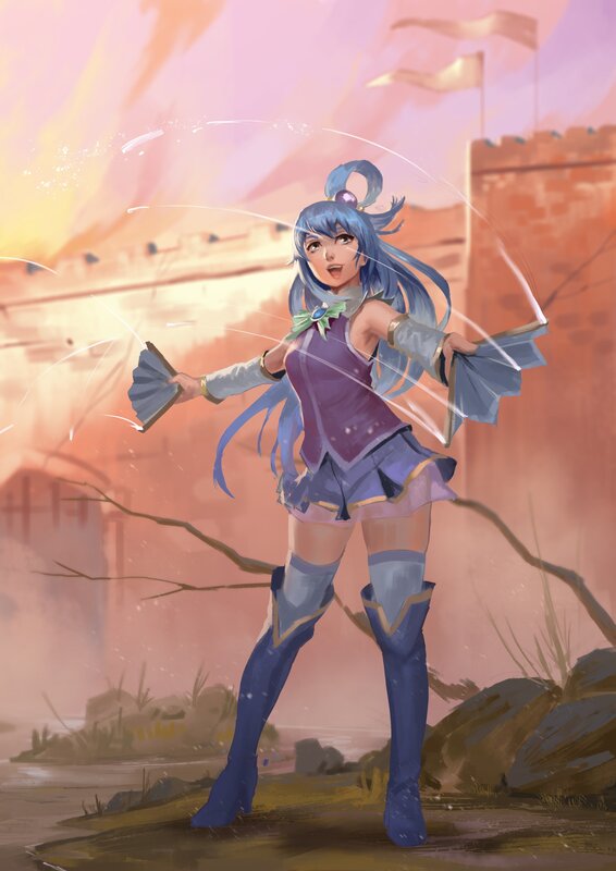 Blue-haired Girl with Fans