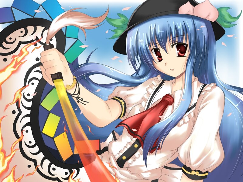 blue-haired girl with fire sword
