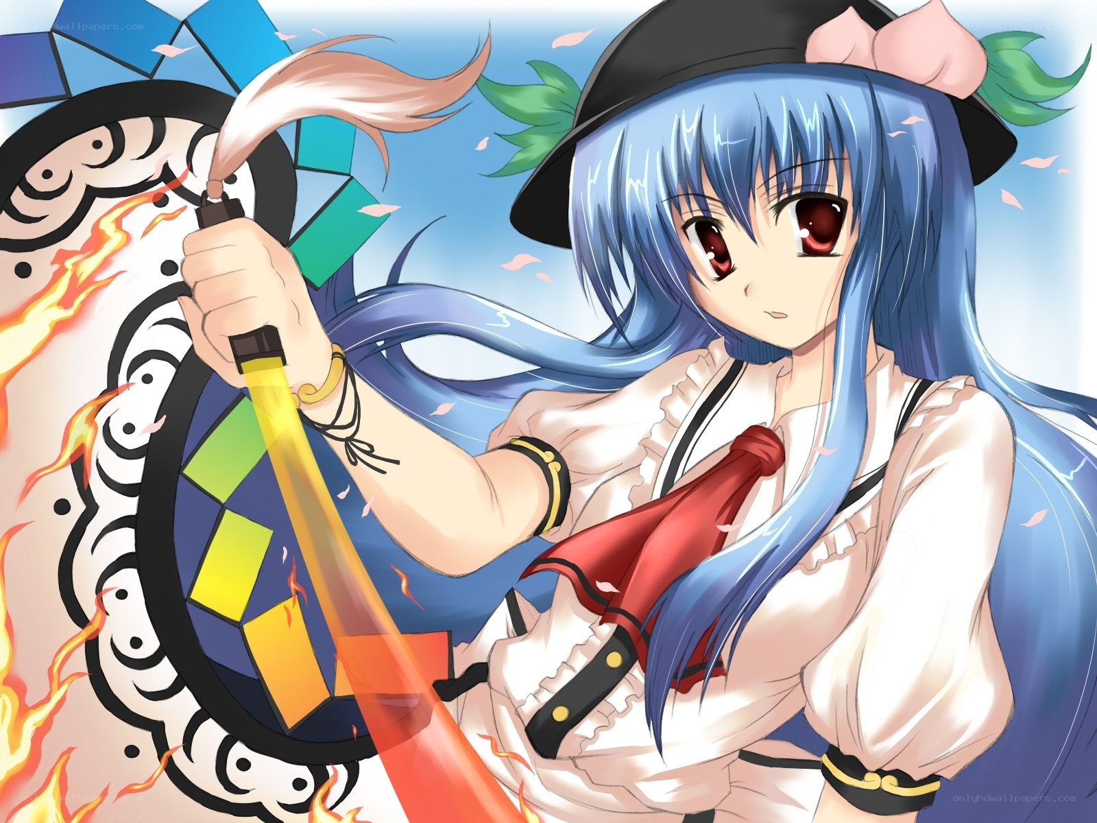 blue-haired girl with fire sword