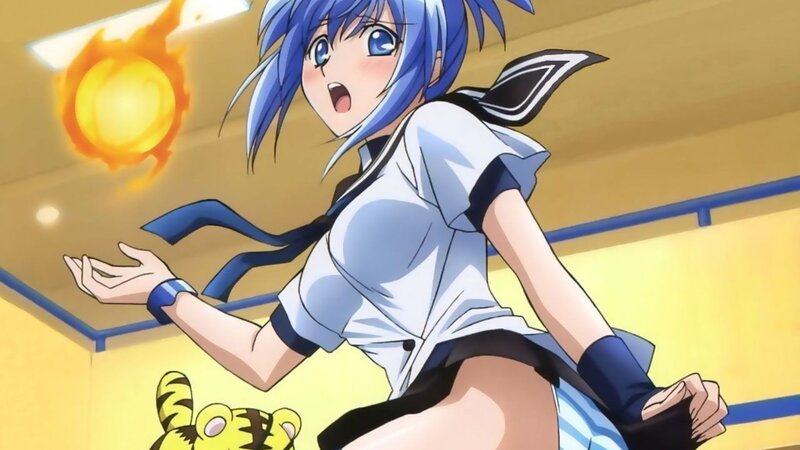 blue-haired girl with fireball
