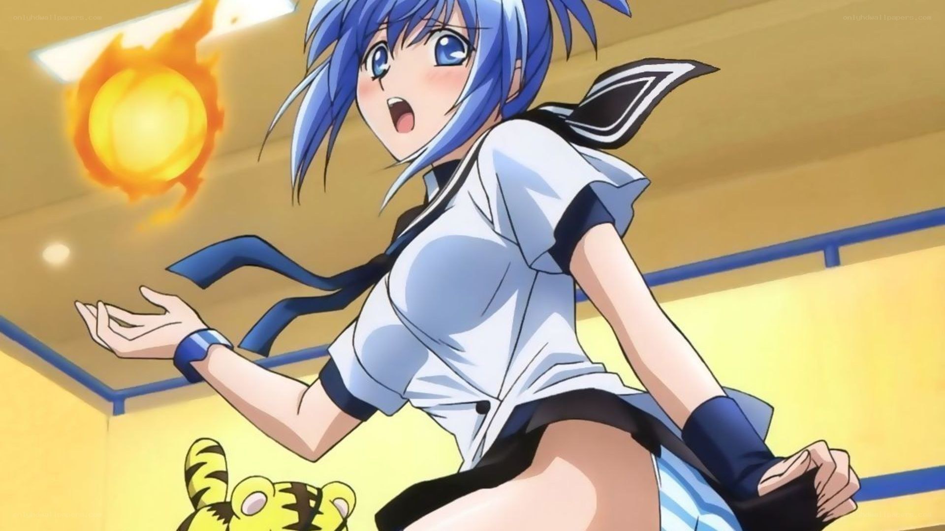 blue-haired girl with fireball