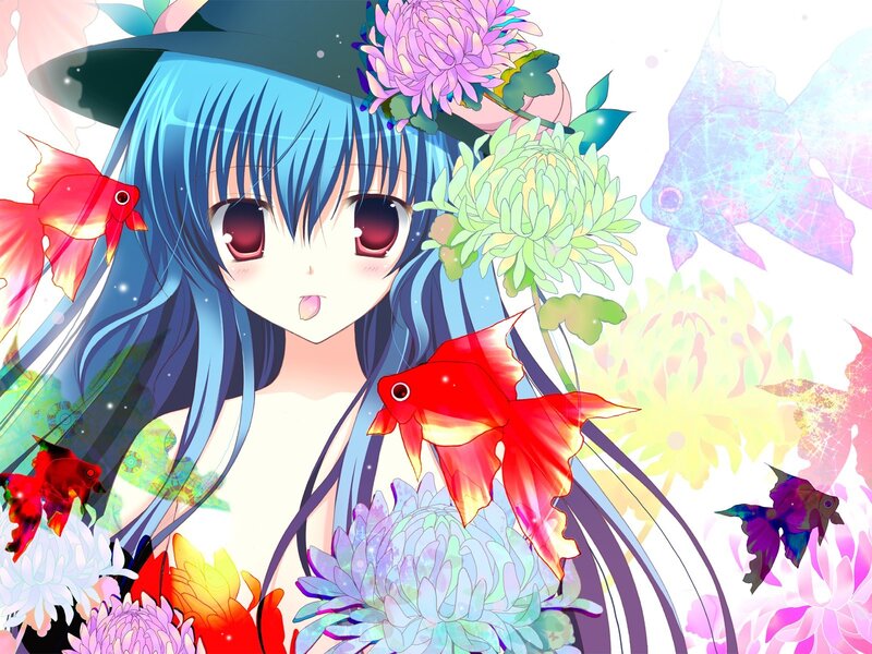 blue-haired girl with fish and flowers