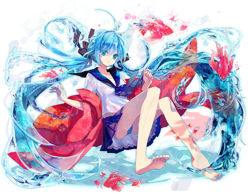 Blue-haired Girl with Fish — Blue, Serene, Anime