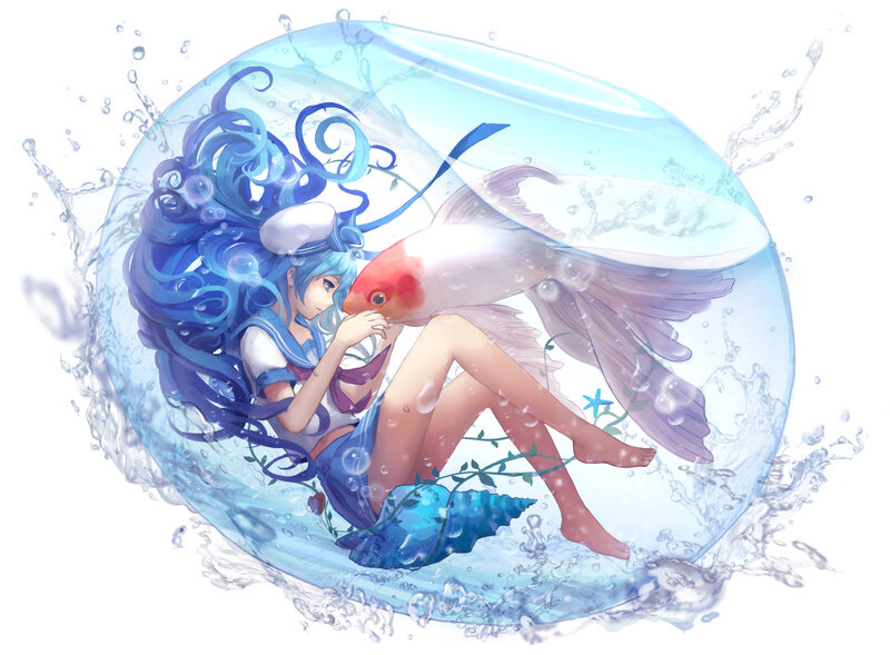 Blue-haired Girl with Fish — Blue, Serene, Digital Art, Goldfish
