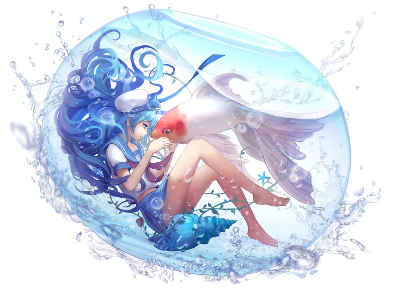 Blue-haired Girl with Fish — Blue, Serene, Digital Art
