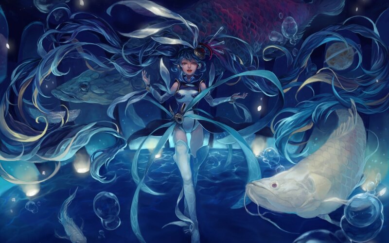Blue-haired Girl with Fish — Blue, Serene, Night