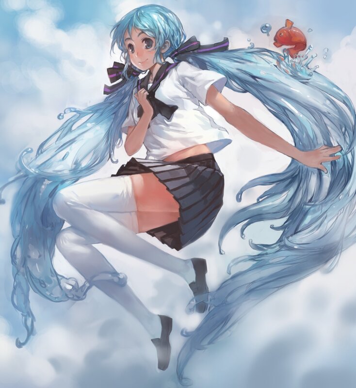 blue-haired girl with fish