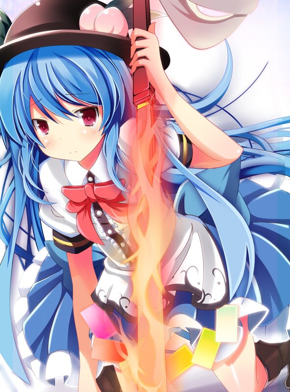 Blue-haired girl with flaming sword