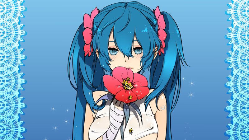 blue-haired girl with flower