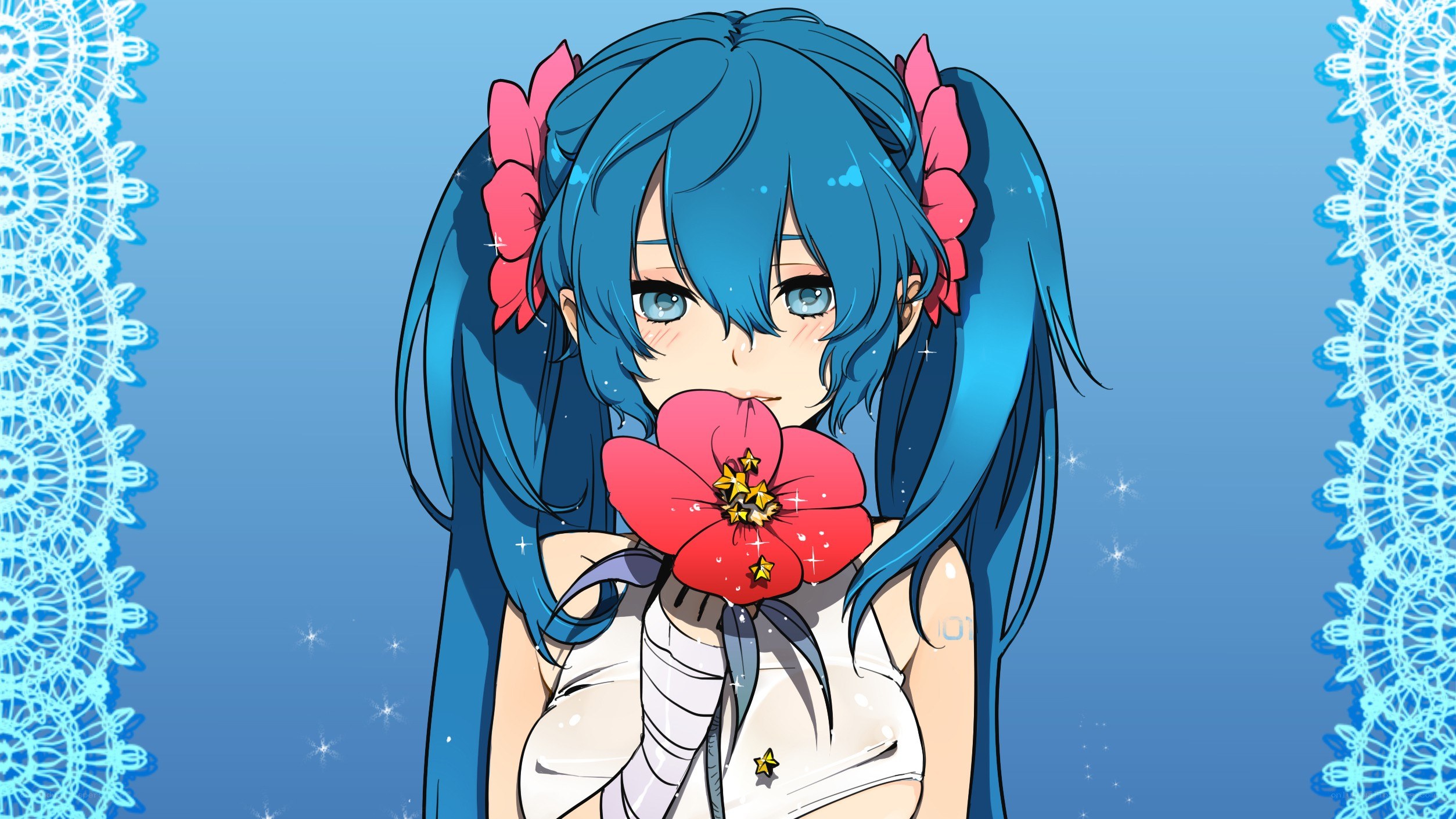 blue-haired girl with flower