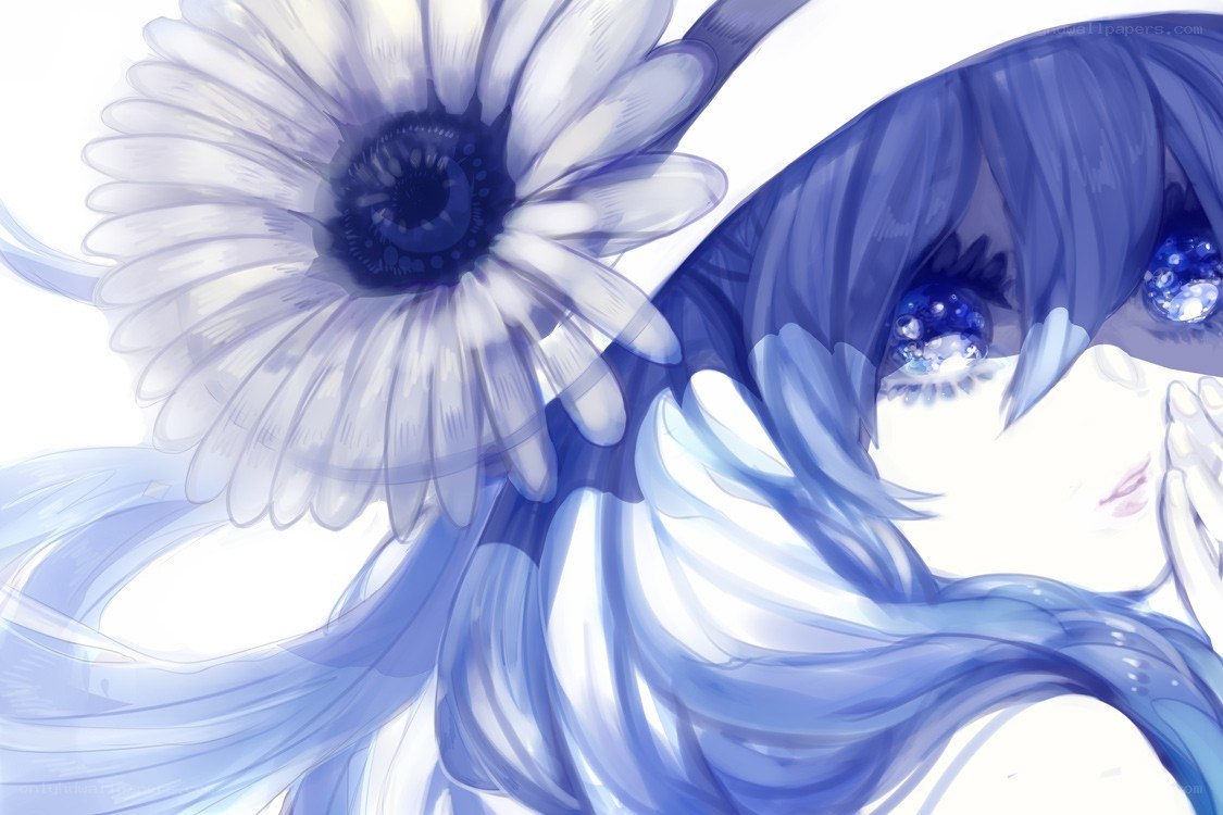 blue-haired girl with flower