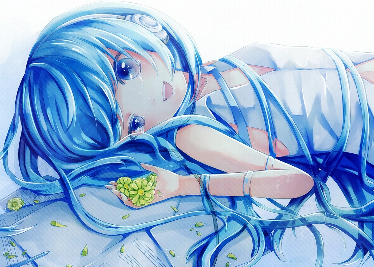 Blue-haired girl with flowers