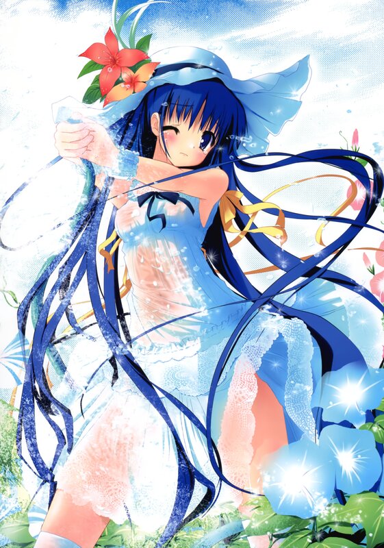 Blue-haired girl with flowers