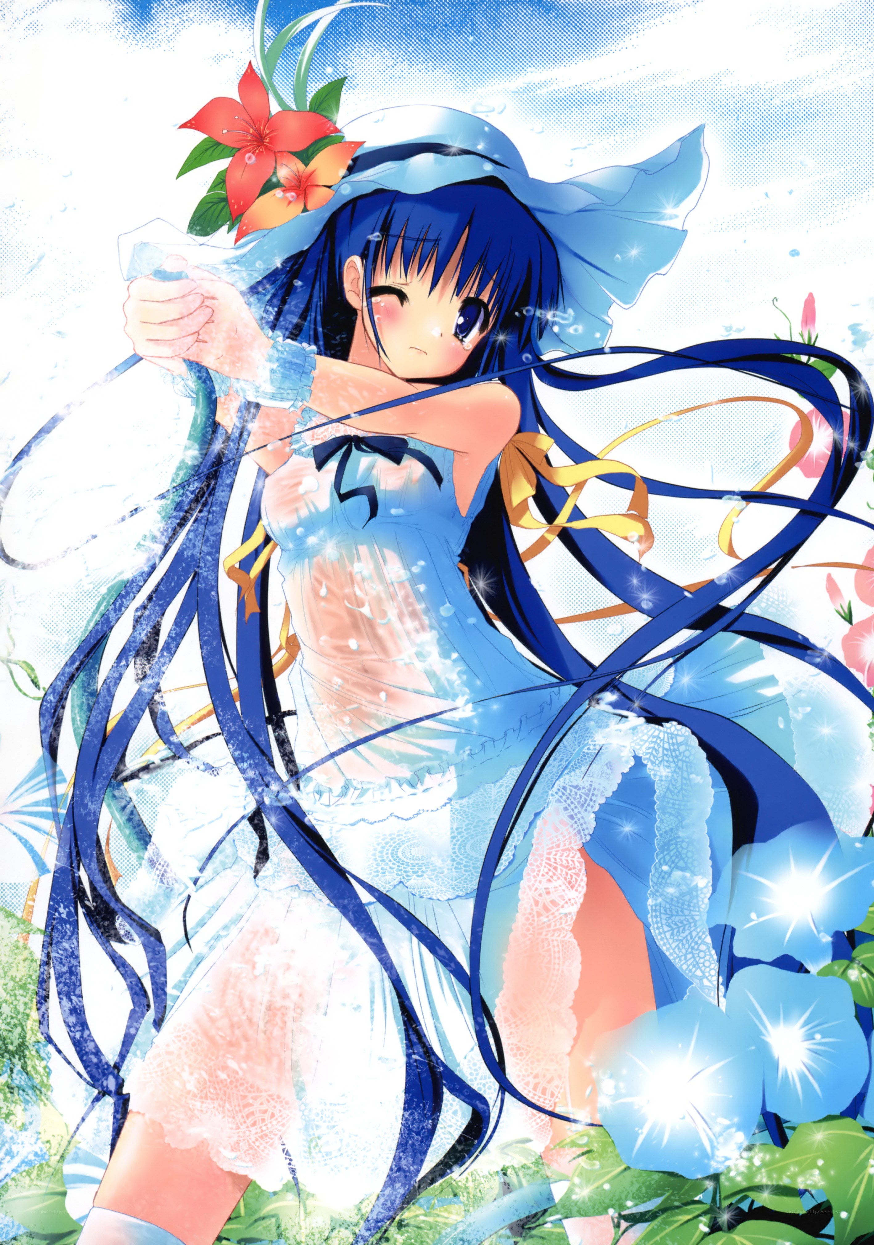 Blue-haired girl with flowers