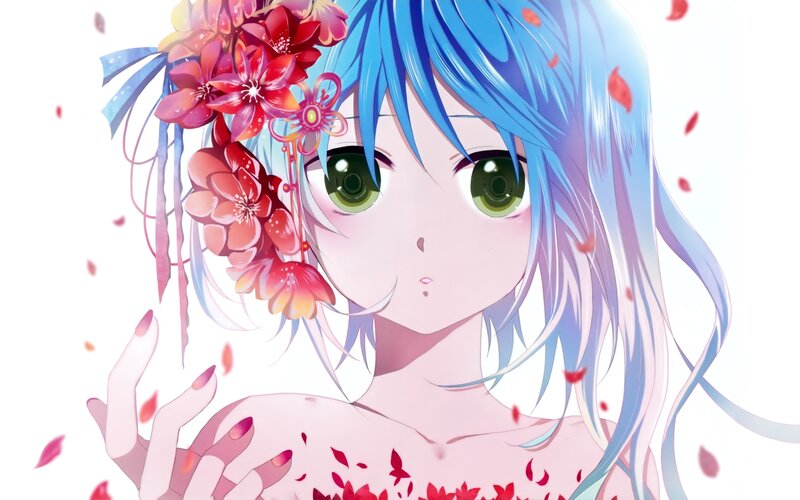 blue-haired girl with flowers