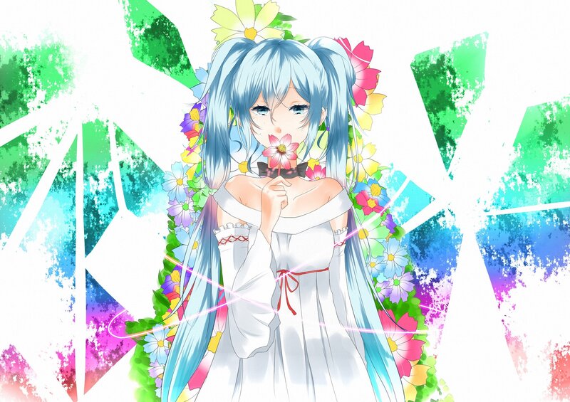 blue-haired girl with flowers