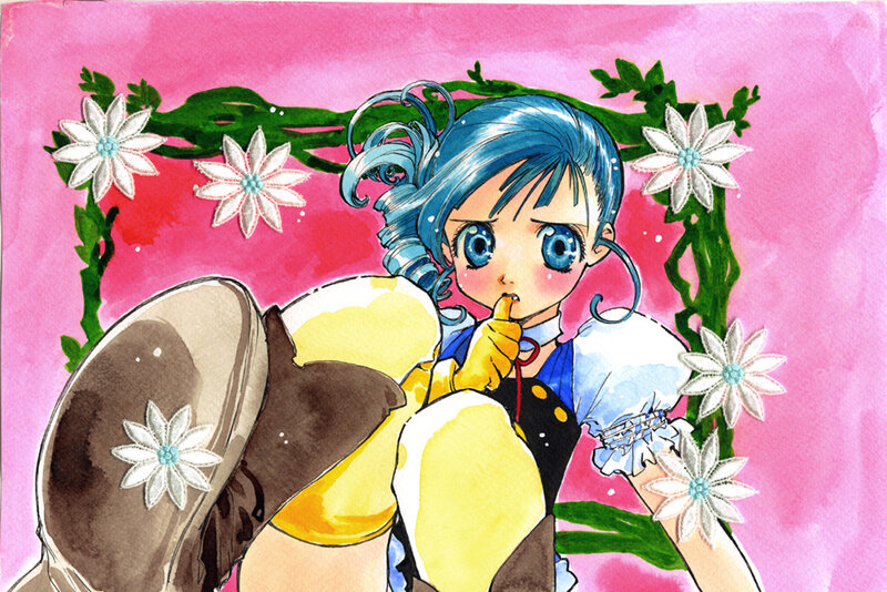 Blue-haired girl with flowers