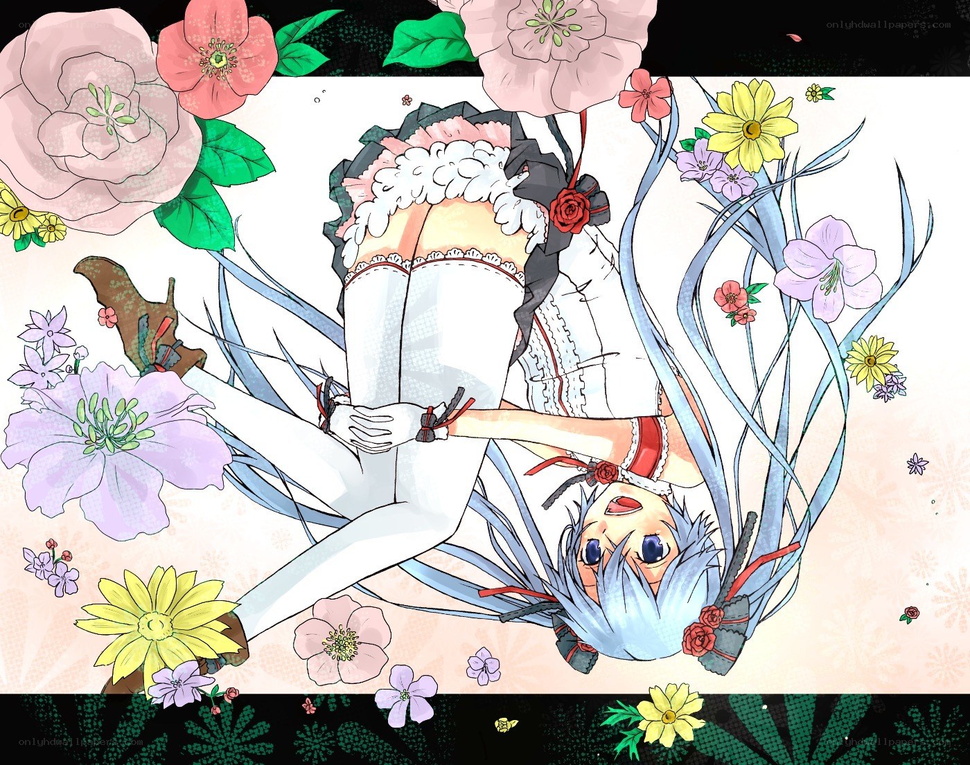 blue-haired girl with flowers