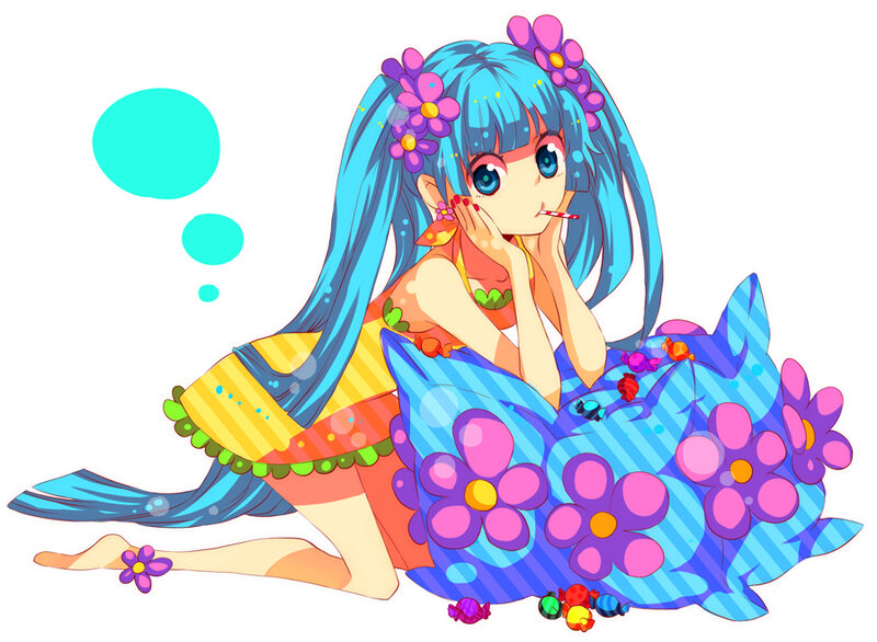blue-haired girl with flowers