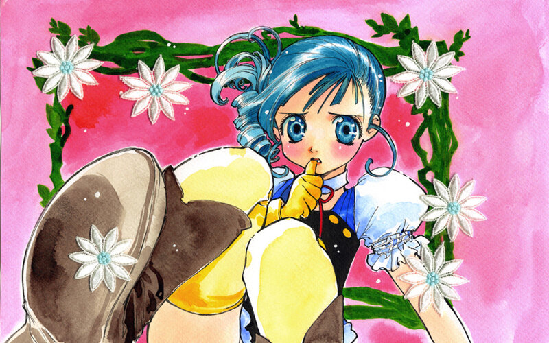 blue-haired girl with flowers