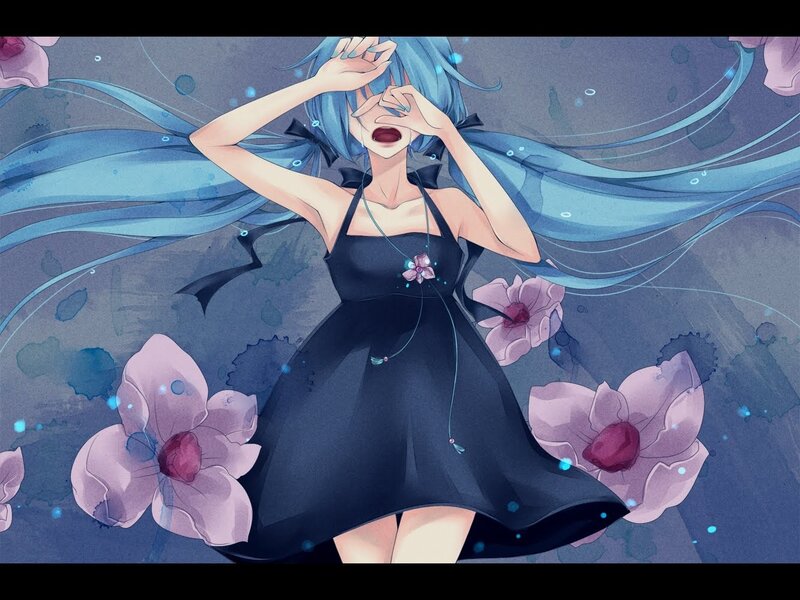 blue-haired girl with flowers
