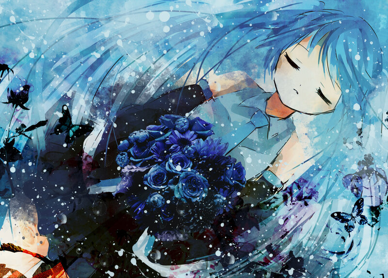 Blue-haired Girl with Flowers — Blue, Dreamy