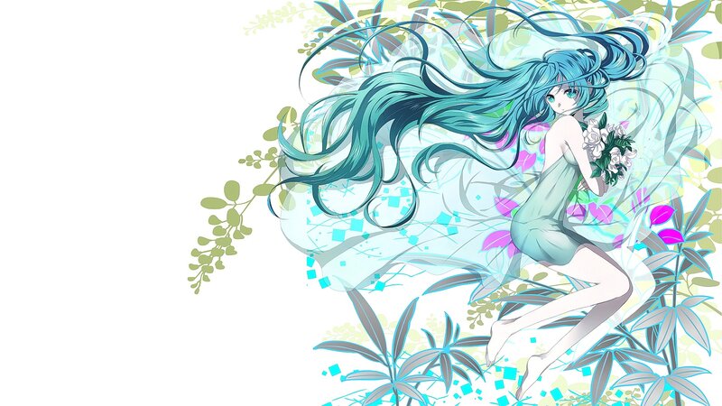 Blue-haired Girl with Flowers — Blue, Serene, Anime, Leaves