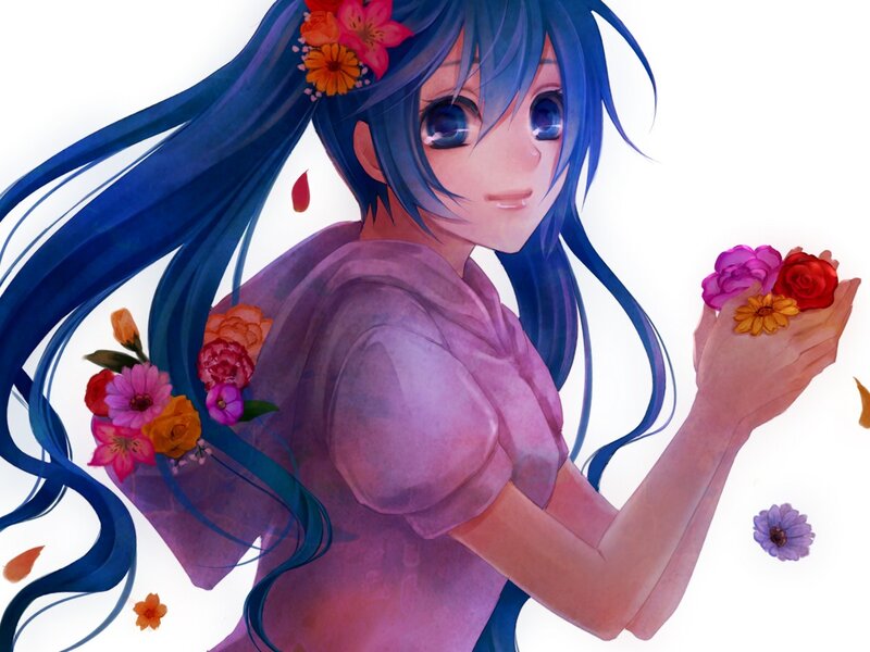 Blue-haired Girl with Flowers — Blue, Serene, Anime, Long Hair, Hands