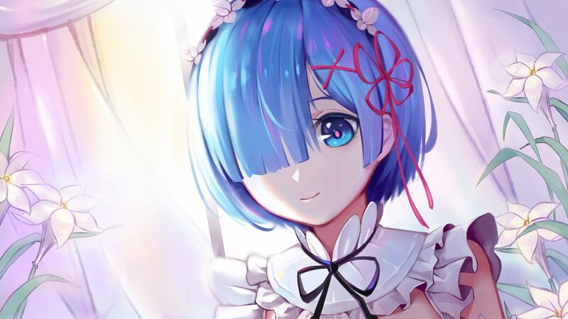 Blue-haired Girl with Flowers — Blue, Serene, Anime, Ribbon